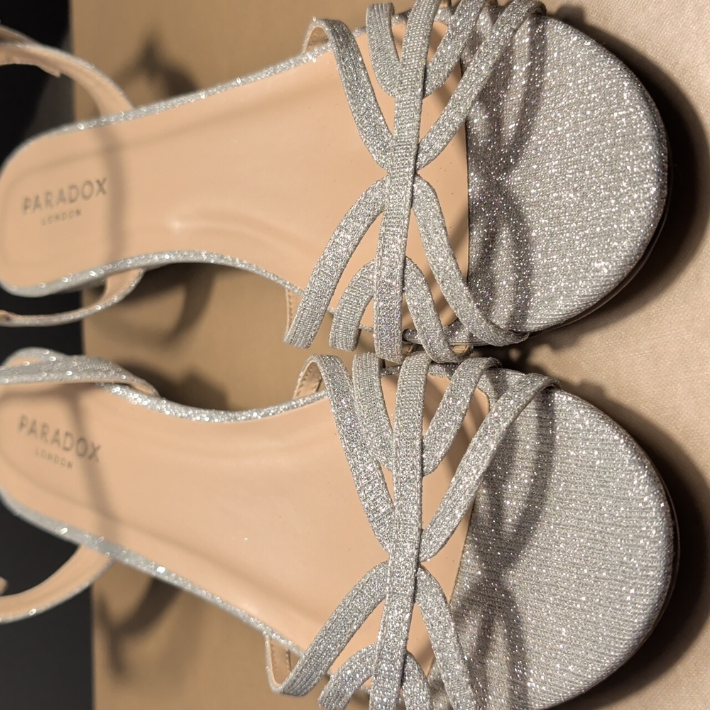 Paradox London Women's Winslow Strappy Wedge Silver Shimmer Sandals New 10